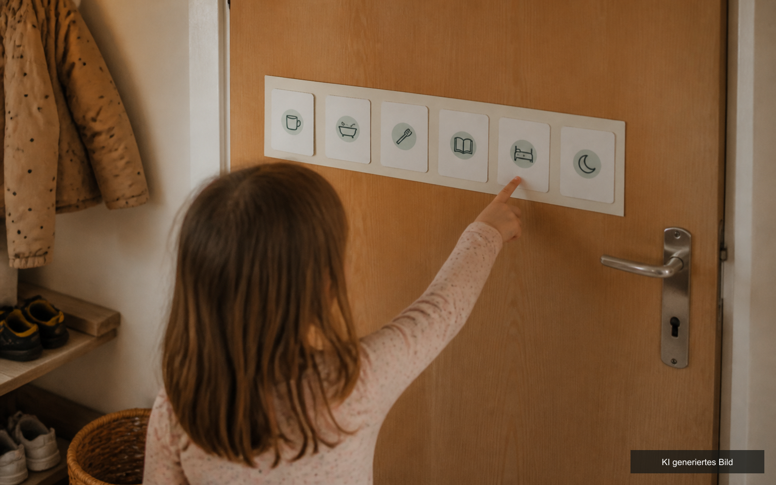 Kind im Schlafanzug zeigt auf eine Karte des Abendroutine-Plans, der auf Kindhöhe an der Zimmertür hängt