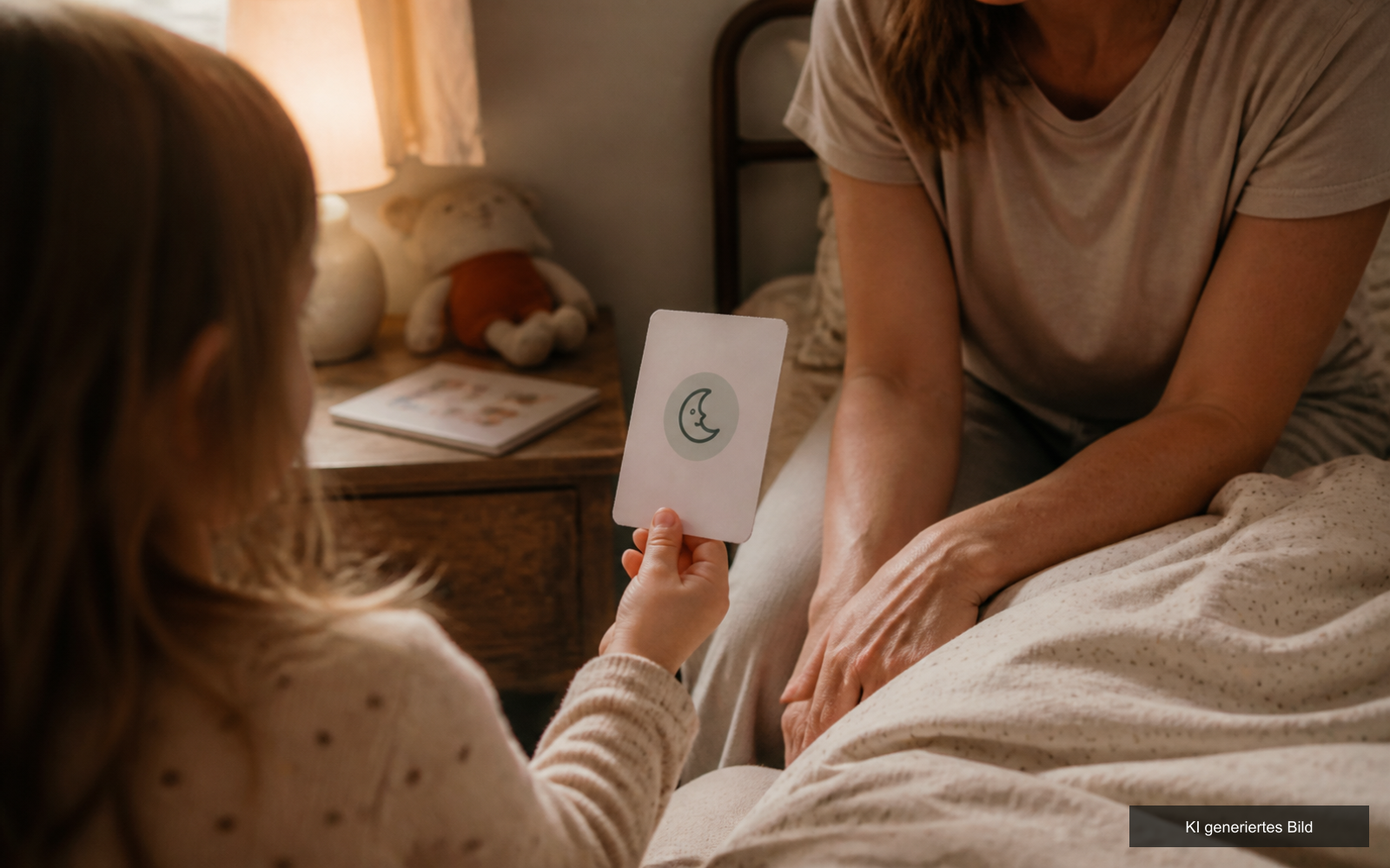 Kind hält am Bett die Mond-Karte des Abendroutine-Plans in der Hand