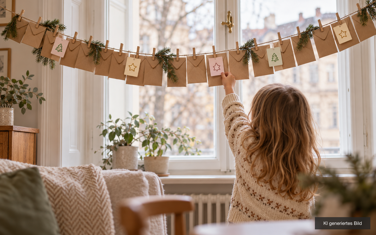 Kind von hinten gesehen greift nach einem Kraftpapier-Umschlag, der mit vielen anderen an einer Schnur mit Holzklammern und Tannenzweigen vor dem Fenster hängt