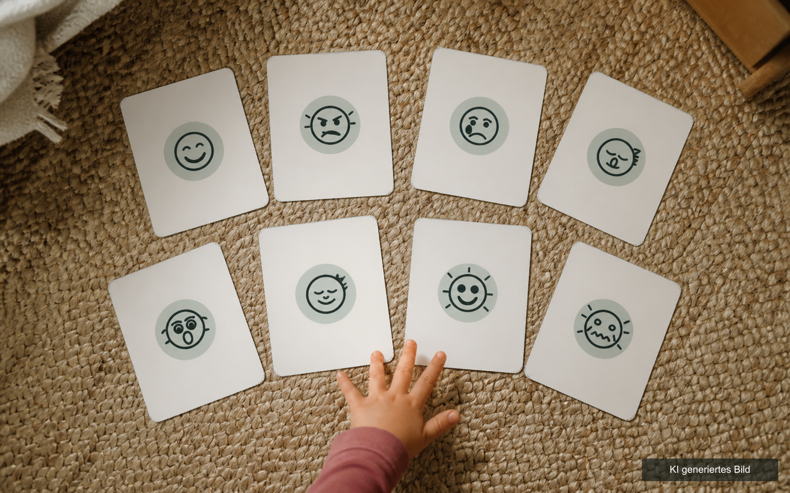 Acht Gefühlskarten liegen im Halbkreis auf einem Teppich, eine Kinderhand greift danach