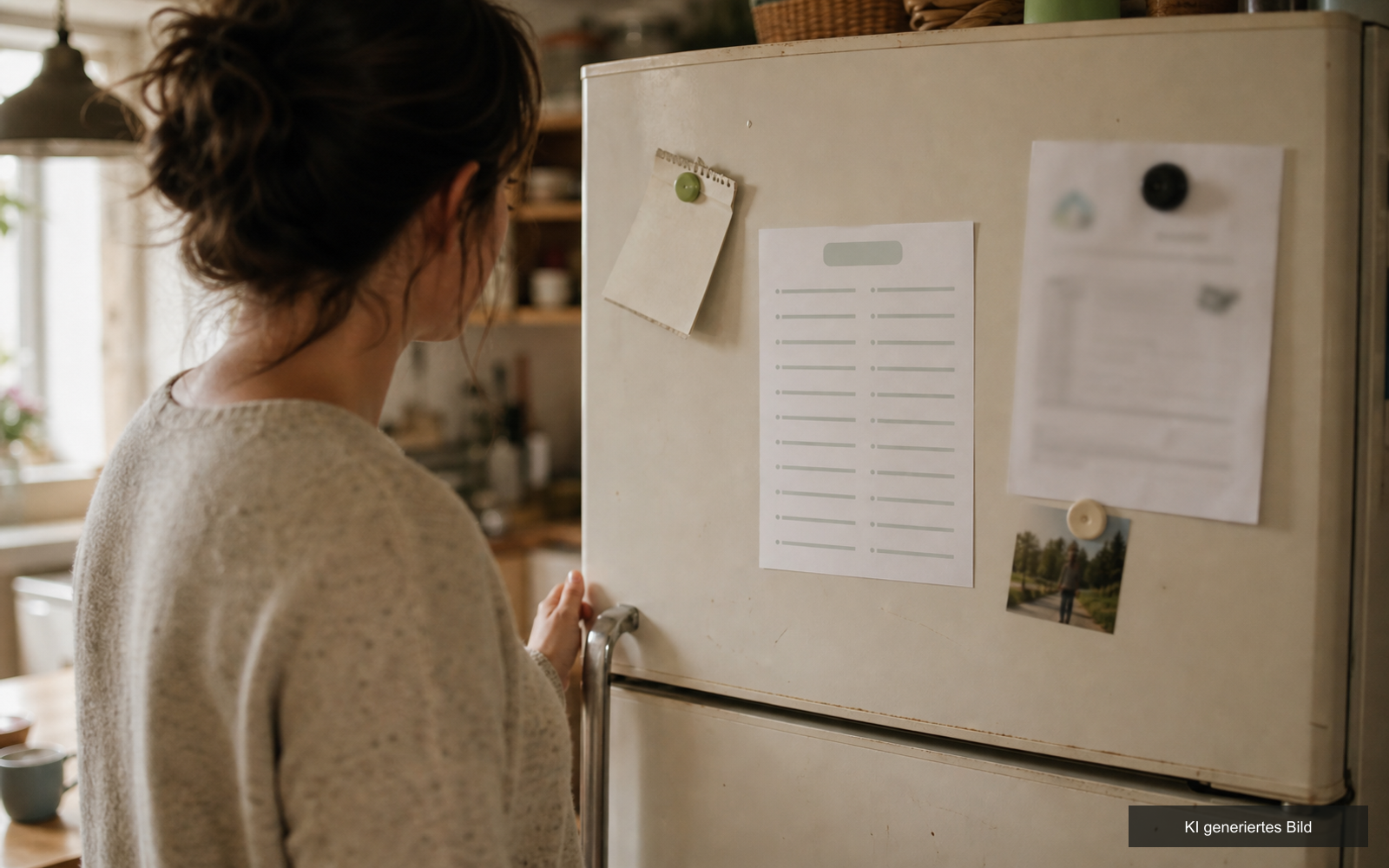 Das Blatt mit den zwölf Sätzen hängt am Kühlschrank zwischen Notizen und Zetteln
