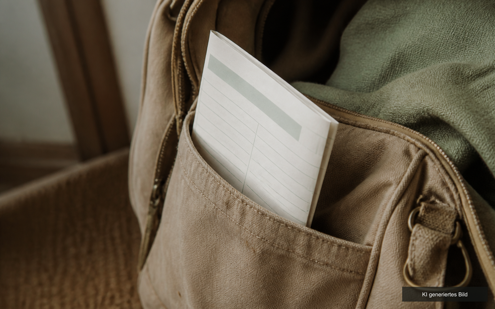 Das zusammengefaltete Blatt steckt in der Seitentasche einer Tasche