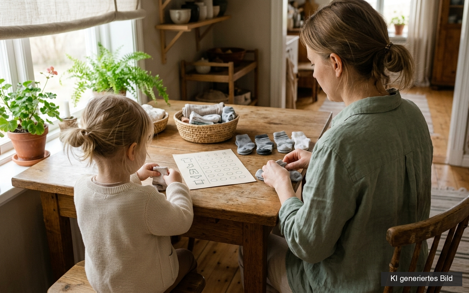 Elternteil und Kind sitzen von hinten gesehen am Küchentisch und legen gemeinsam Wäsche zusammen