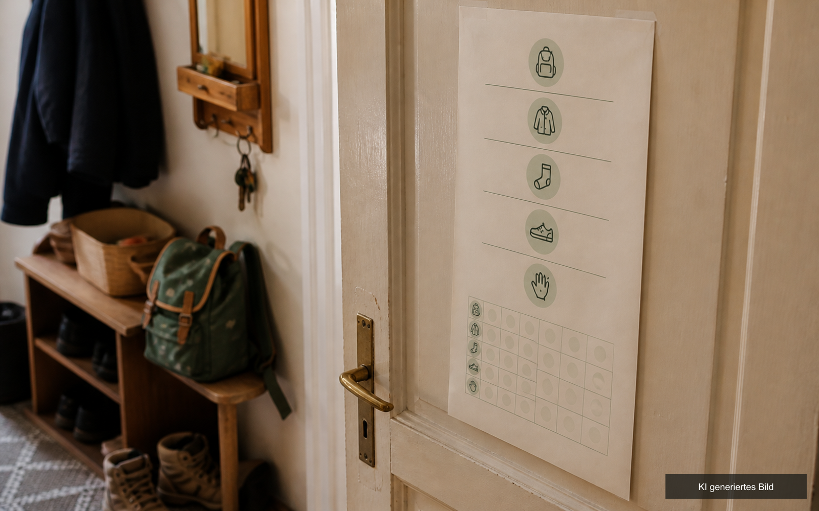 Der Abschieds-Plan klebt innen an der Wohnungstür auf Augenhöhe