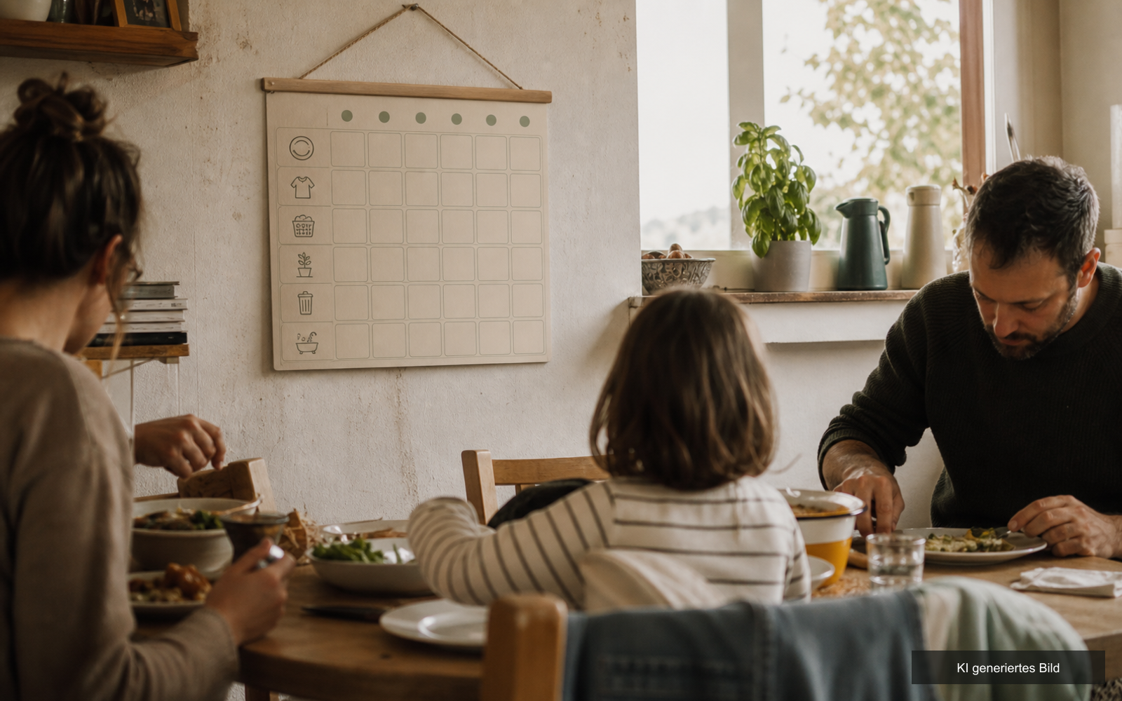 Der Mitmach-Plan hängt in der Küche neben dem Esstisch, die Familie sitzt beim Essen