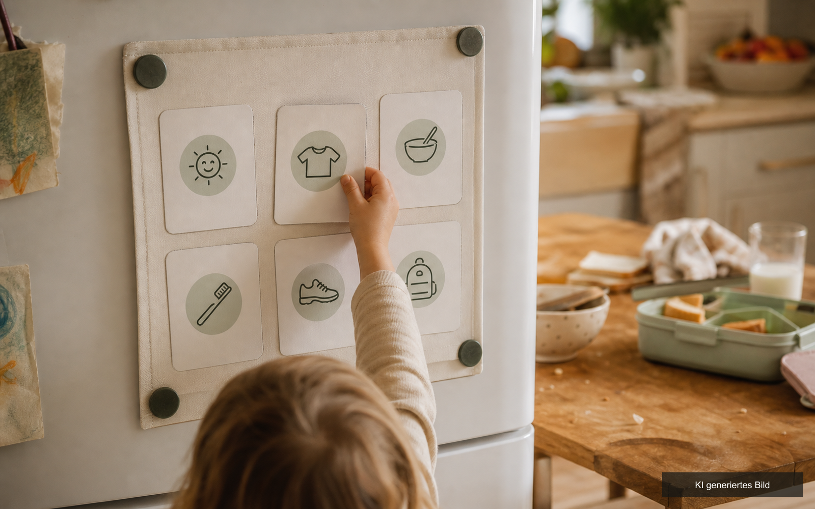 Der Morgenroutine-Plan hängt am Kühlschrank, ein Kind steckt eine Karte um