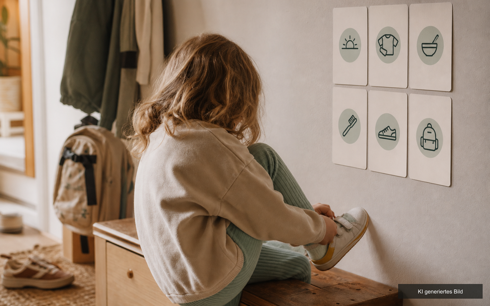 Kind zieht sich im Flur selbst die Schuhe an, daneben hängt der Morgenroutine-Plan