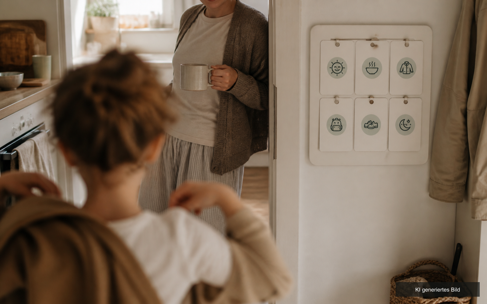 Elternteil steht mit einer Kaffeetasse im Türrahmen und schaut dem Kind beim Anziehen zu