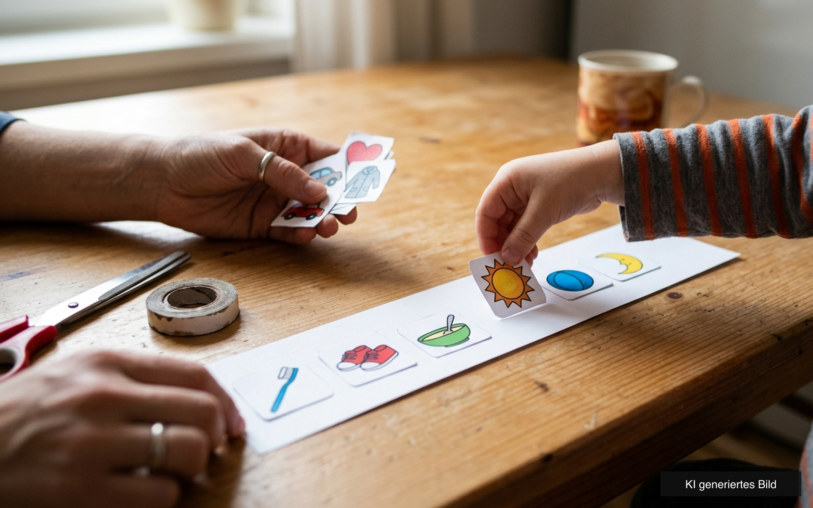Kinderhand legt am Küchentisch ein Sonnen-Symbol in eine Tagesleiste, eine Erwachsenenhand hält weitere ausgeschnittene Symbolkarten, daneben Schere und Klebeband