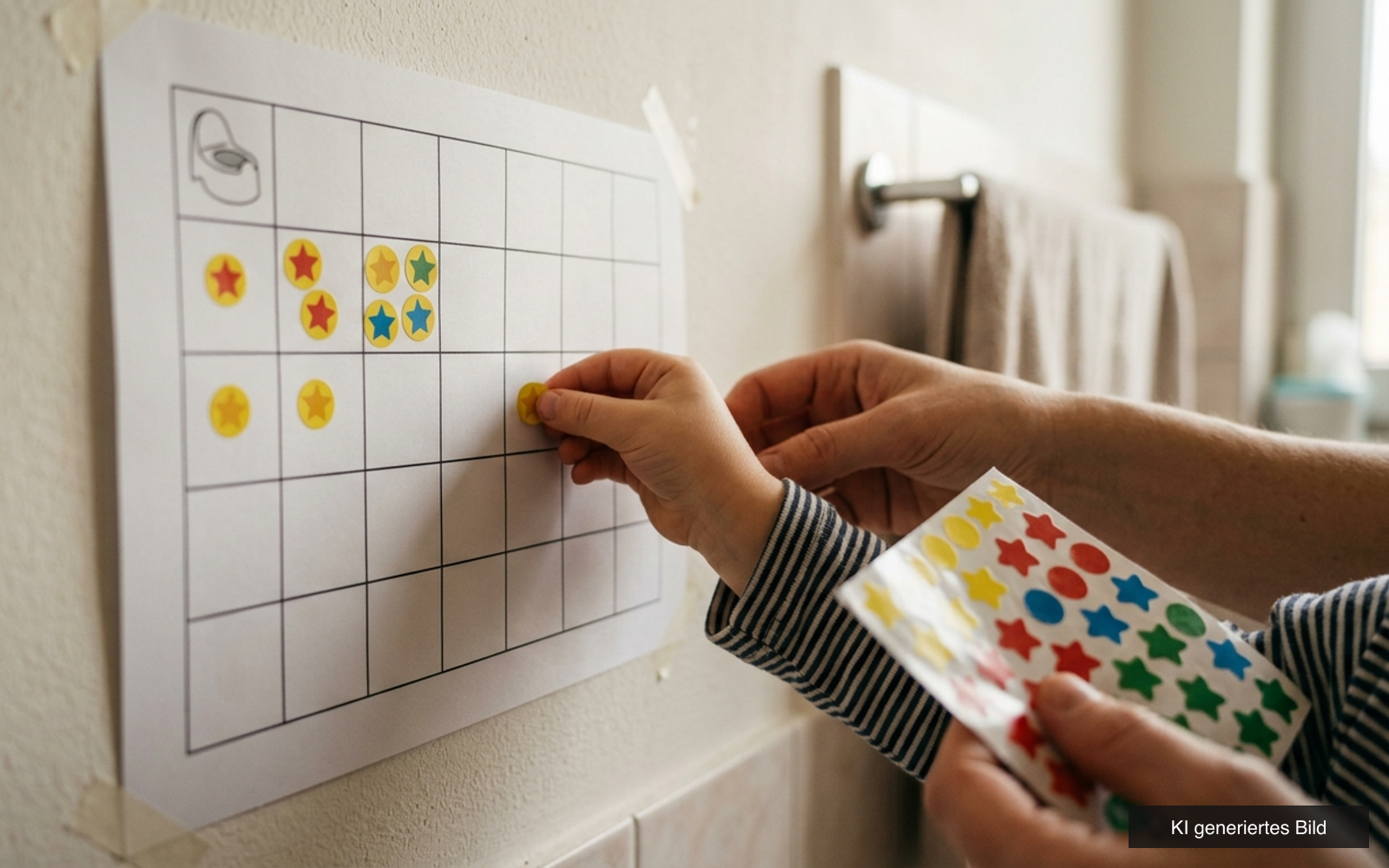 Kinderhand klebt einen gelben Stern-Sticker in ein Feld der Töpfchen-Tafel, eine Erwachsenenhand hält den Stickerbogen
