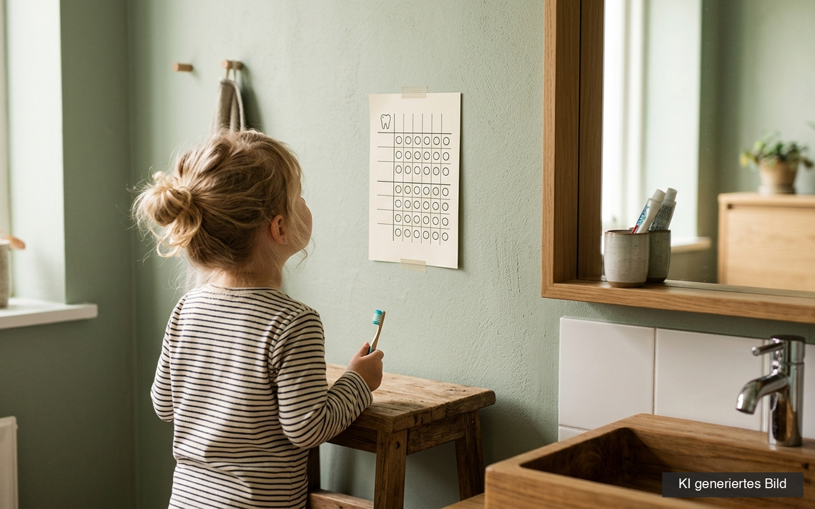 Kind steht von hinten auf einem Hocker im Bad, Zahnbürste in der Hand, und schaut auf den Zahnputzplan an der Wand