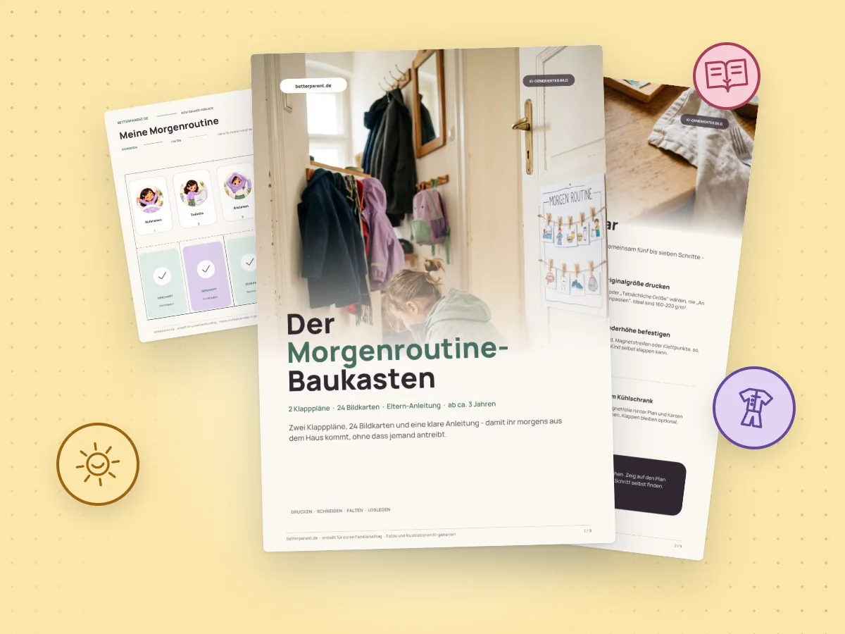 Seiten der Vorlage „Der Morgenroutine-Baukasten“, ausgedruckt und aufgefächert