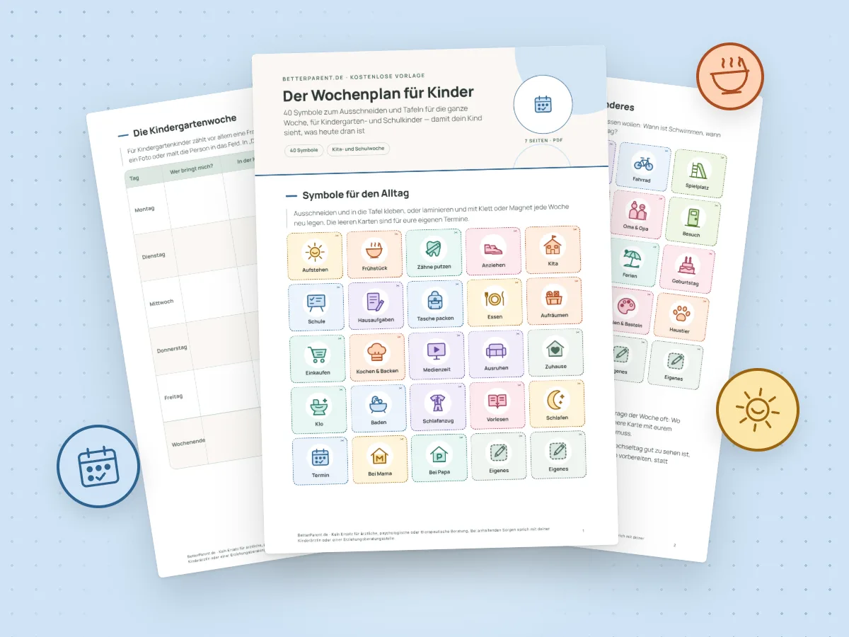 Seiten der Vorlage „Der Wochenplan für Kinder“, ausgedruckt und aufgefächert