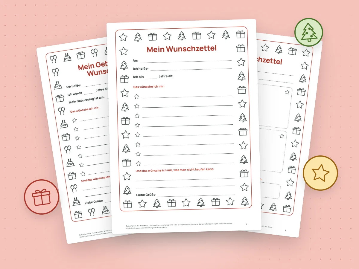 Vorschau: Seiten von „Der Wunschzettel für Kinder“, ausgedruckt und aufgefächert