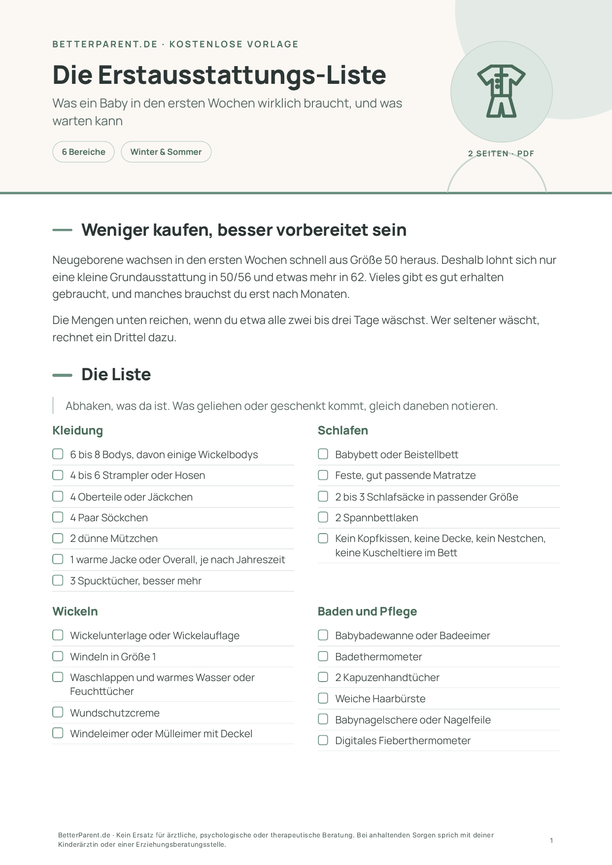 Vorschau: erste Seite von „Die Erstausstattungs-Liste“