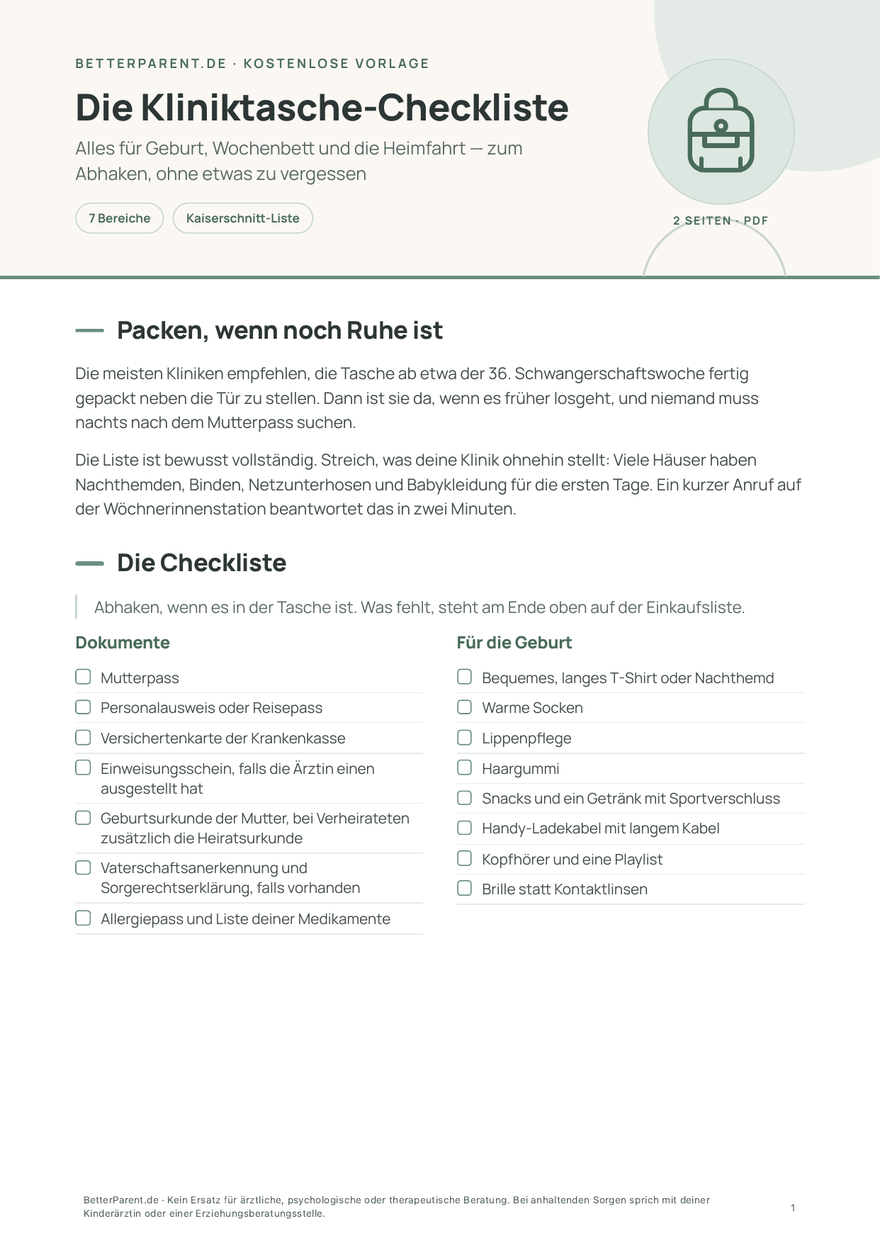 Vorschau: erste Seite von „Die Kliniktasche-Checkliste“