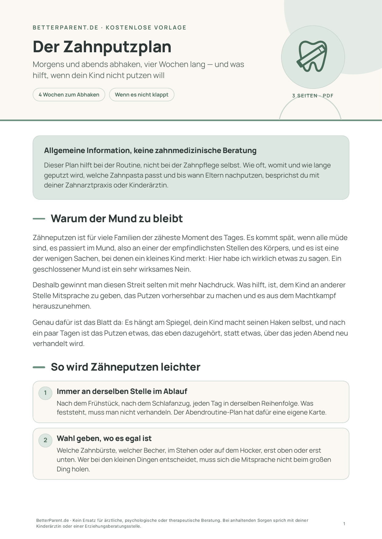 Vorschau: erste Seite von „Der Zahnputzplan“