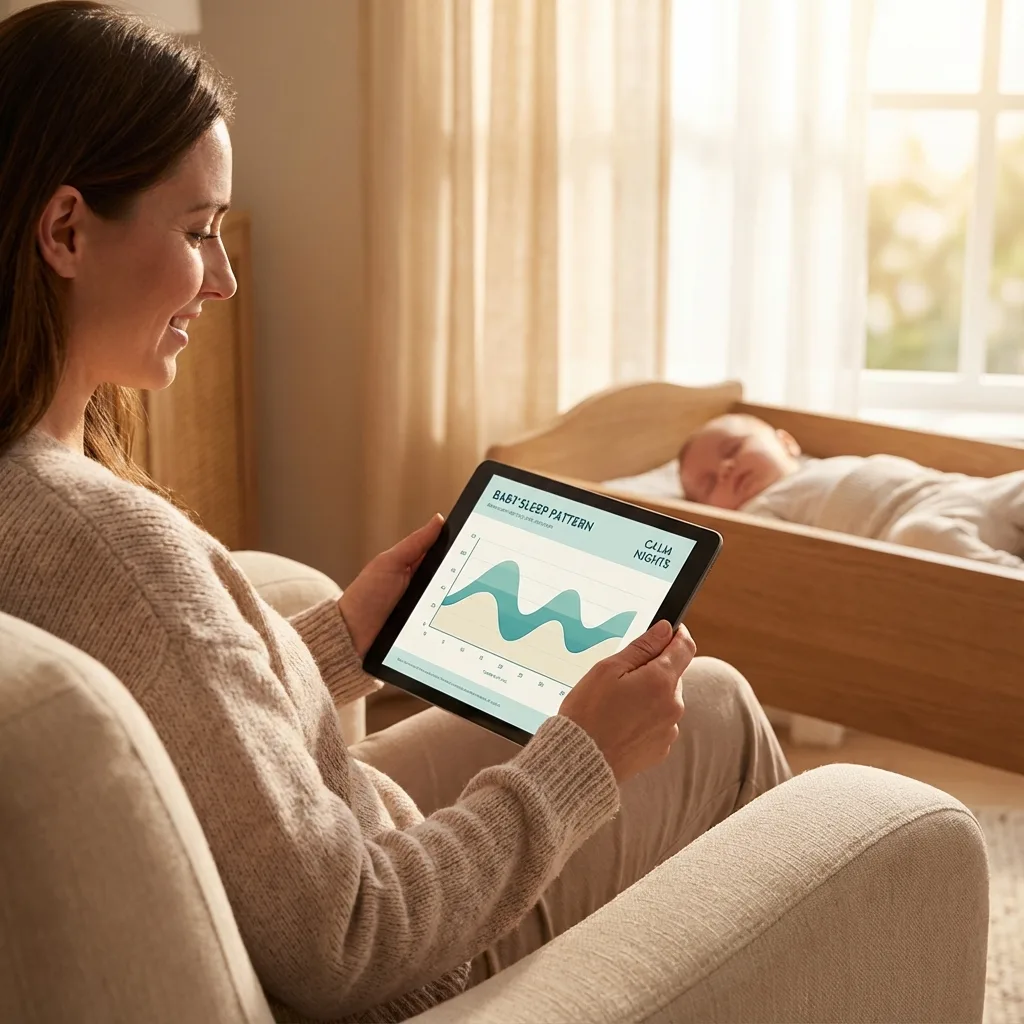 Mutter schaut ruhig auf ihr Tablet, im Hintergrund schläft das Baby