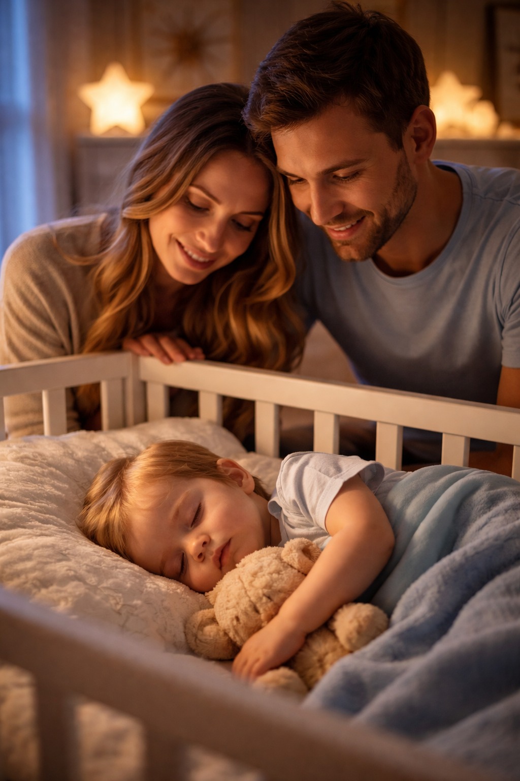 Familie wacht über schlafendes Kind