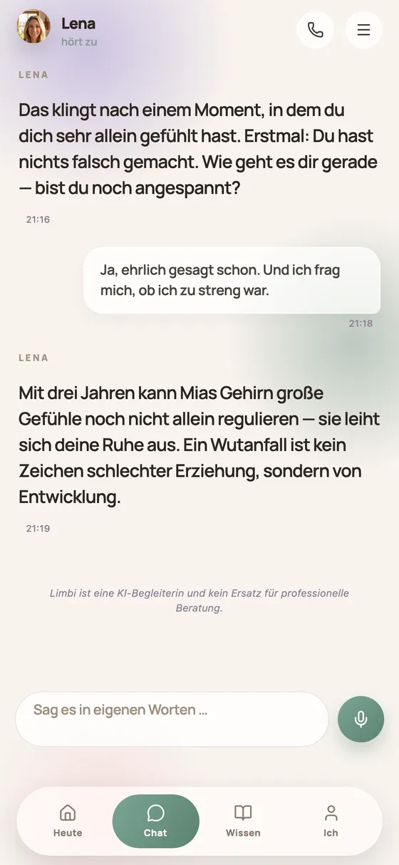 Chat in der App Limbi: Lena beruhigt nach einem Wutanfall und erklärt, was im Kopf eines Dreijährigen passiert.