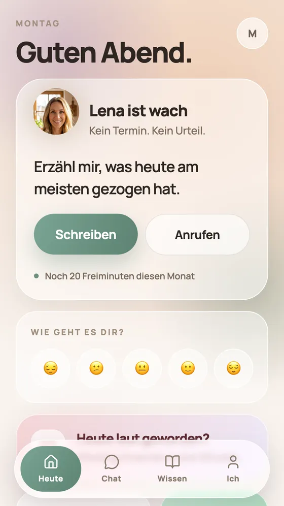 Startbildschirm der App Limbi: Lena ist wach, Kein Termin. Kein Urteil.